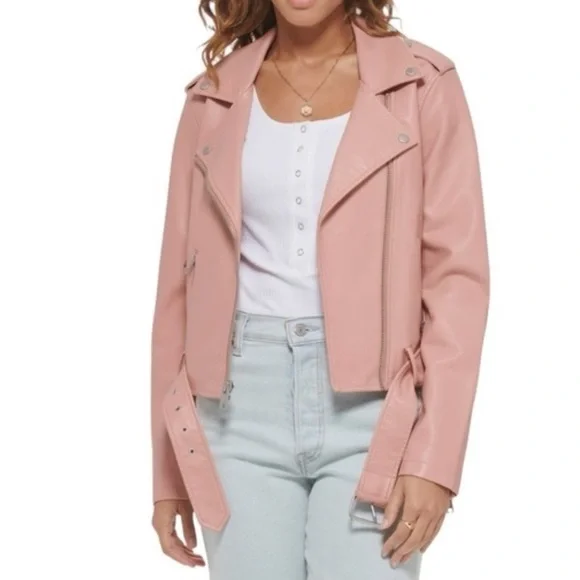Levi's Faux Leather Fashion Belted Moto Jacket Cameo Pink- M - Picture 3 of 10